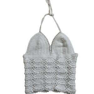 Handmade XS Crochet Cotton Halter Tank Top White Scallop Open Back